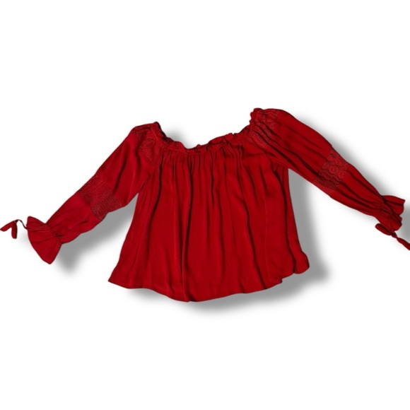 Band of Gypsies Red Ruffled Lightwight Off-Shoulder Long Sleeve Tassel Blouse - Picture 15 of 16